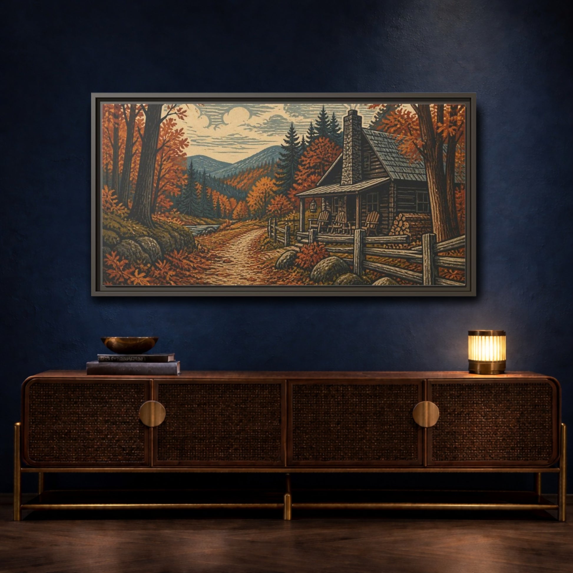 Mockup 4. Rustic Autumn Cabin Path shown as framed canvas print