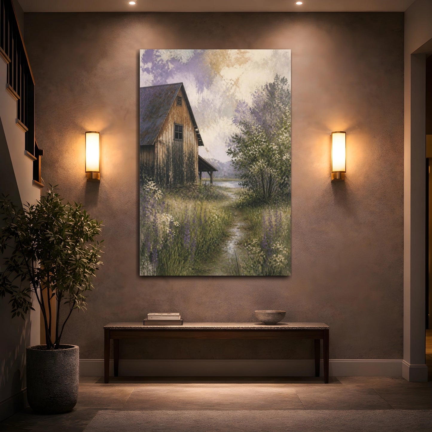 Mockup 2. Rustic Barn Lavender Meadow shown as canvas print