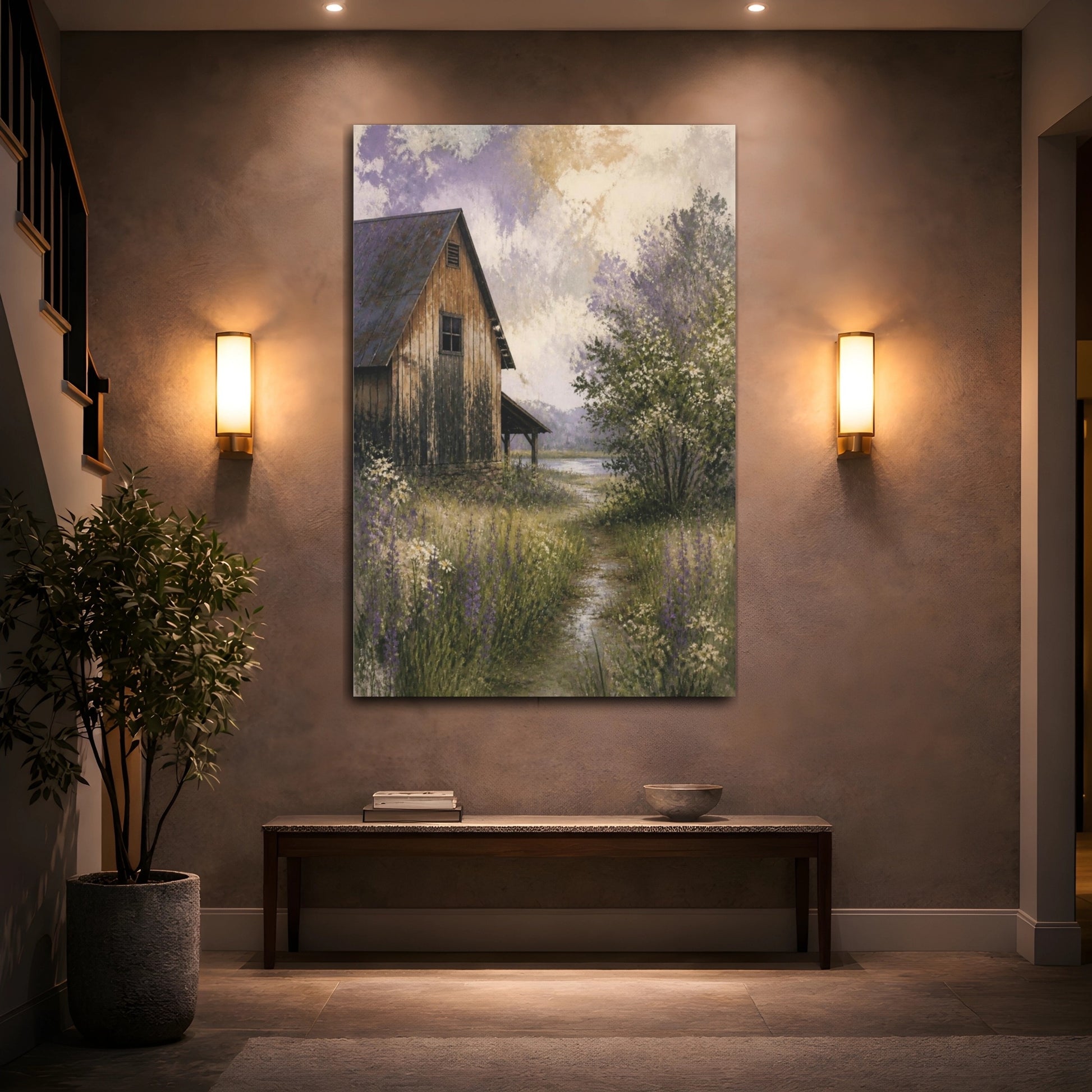 Mockup 2. Rustic Barn Lavender Meadow shown as canvas print