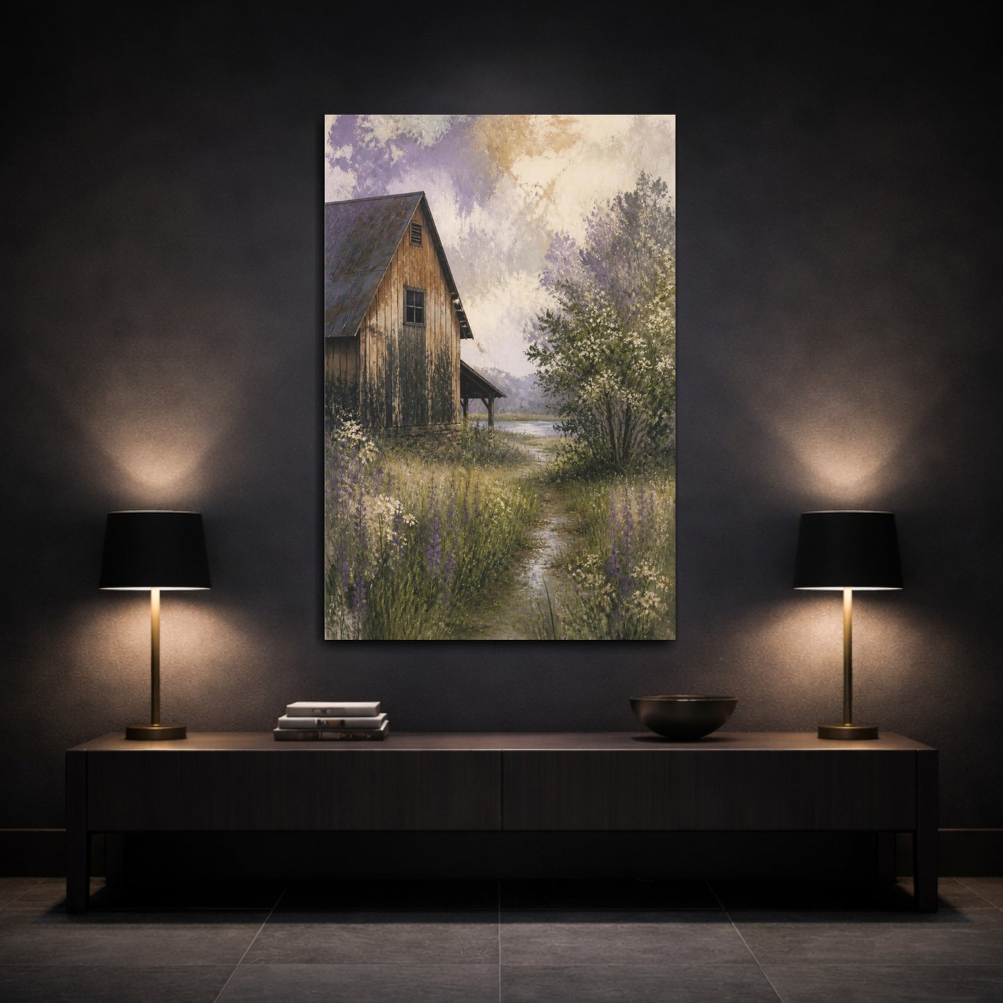 Mockup 3. Rustic Barn Lavender Meadow shown as canvas print