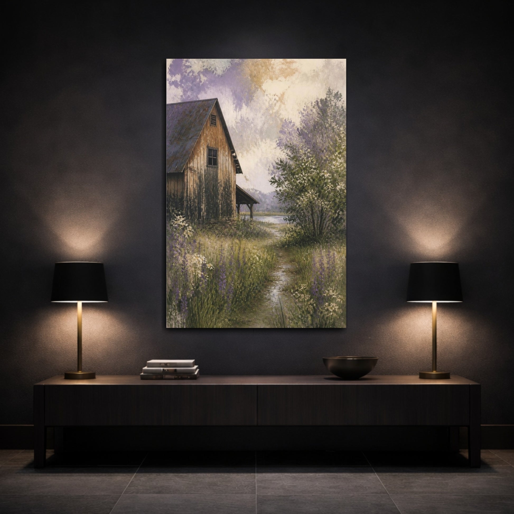 Mockup 3. Rustic Barn Lavender Meadow shown as canvas print