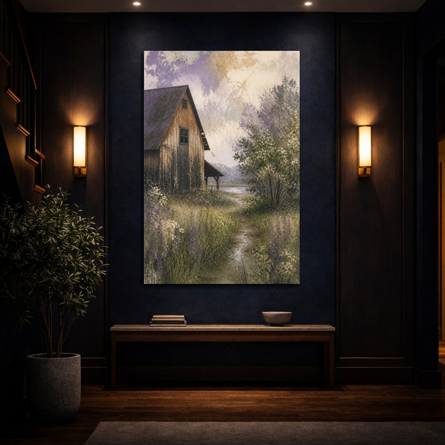 Mockup 4. Rustic Barn Lavender Meadow shown as canvas print