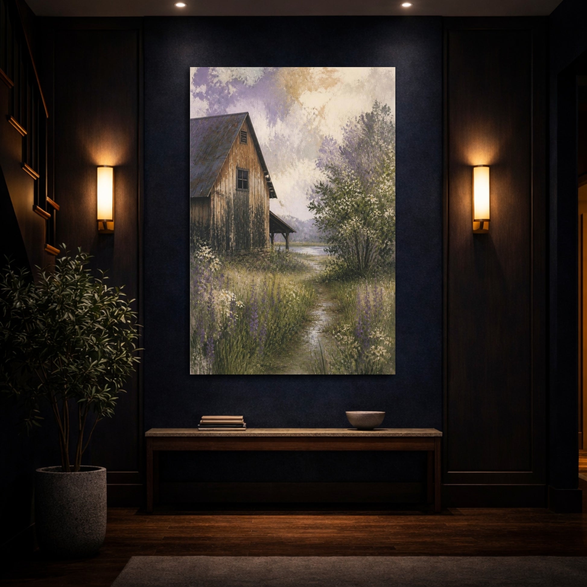 Mockup 4. Rustic Barn Lavender Meadow shown as canvas print