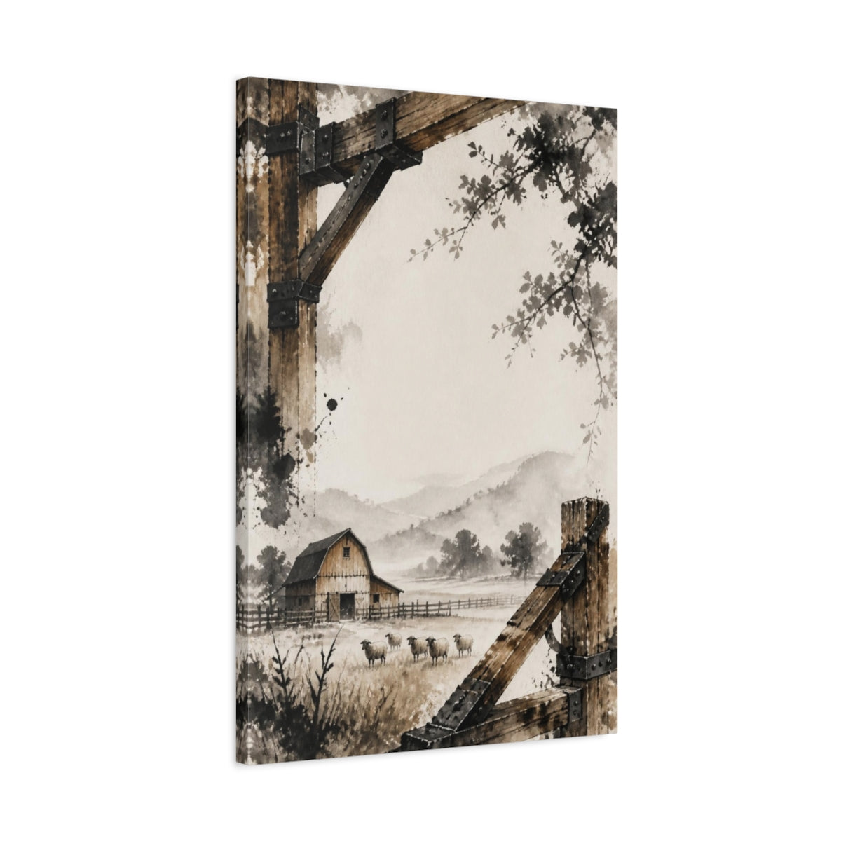 Side Mockup 2. Rustic Barn With Sheep shown as canvas print