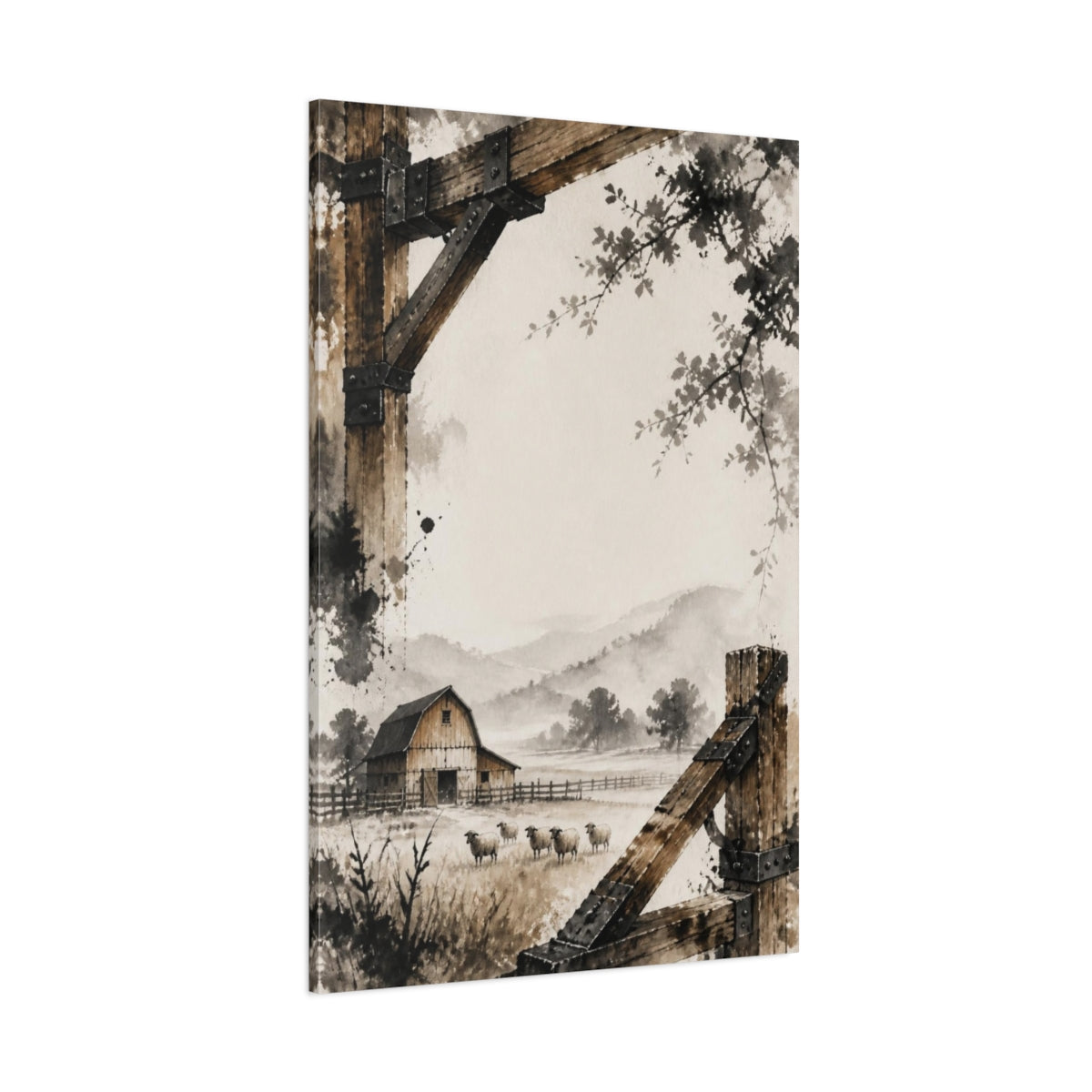 Side Mockup 1. Rustic Barn With Sheep shown as canvas print
