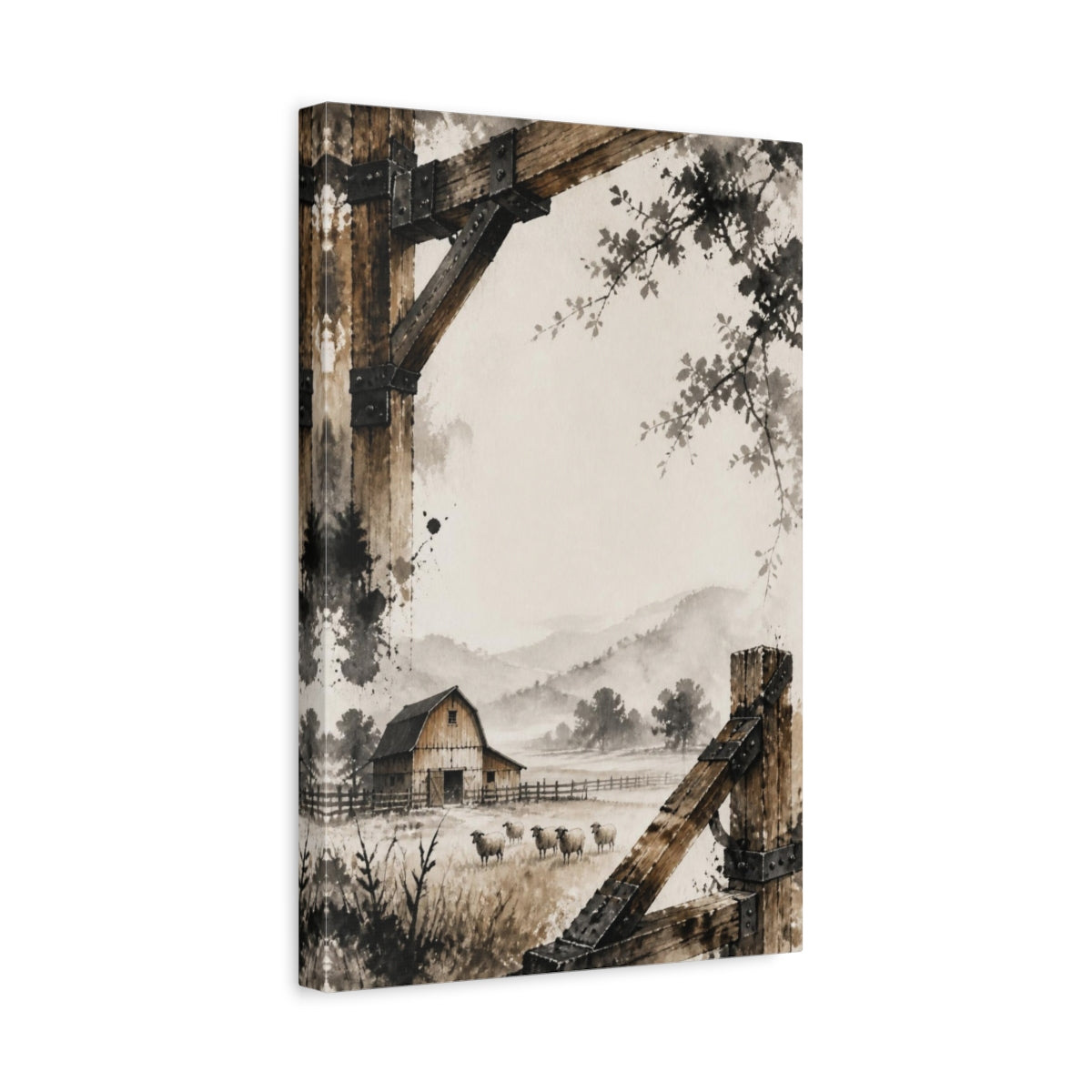Side Mockup 4. Rustic Barn With Sheep shown as canvas print