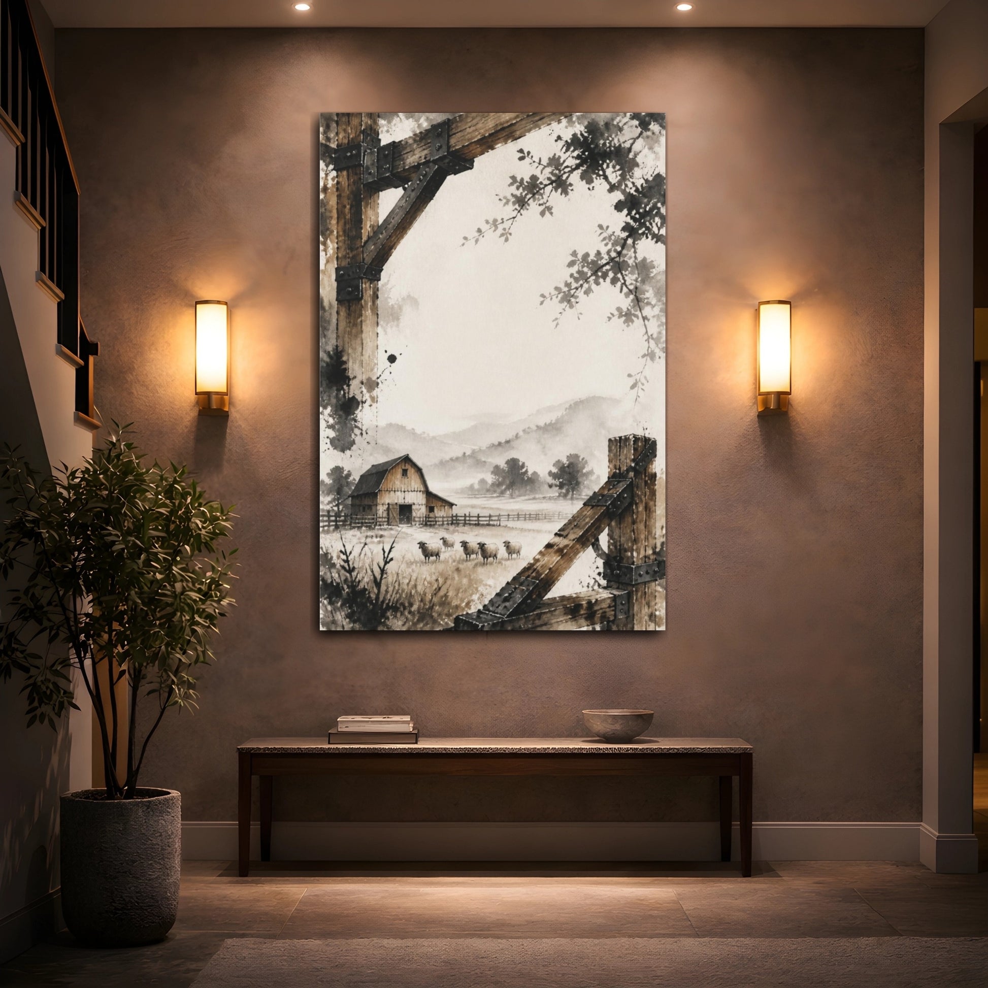 Mockup 2. Rustic Barn With Sheep shown as canvas print