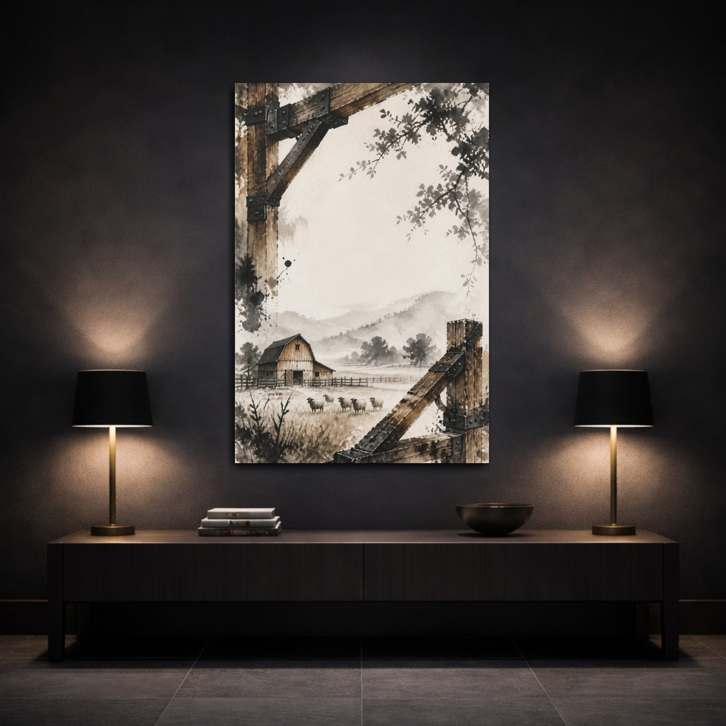 Mockup 3. Rustic Barn With Sheep shown as canvas print