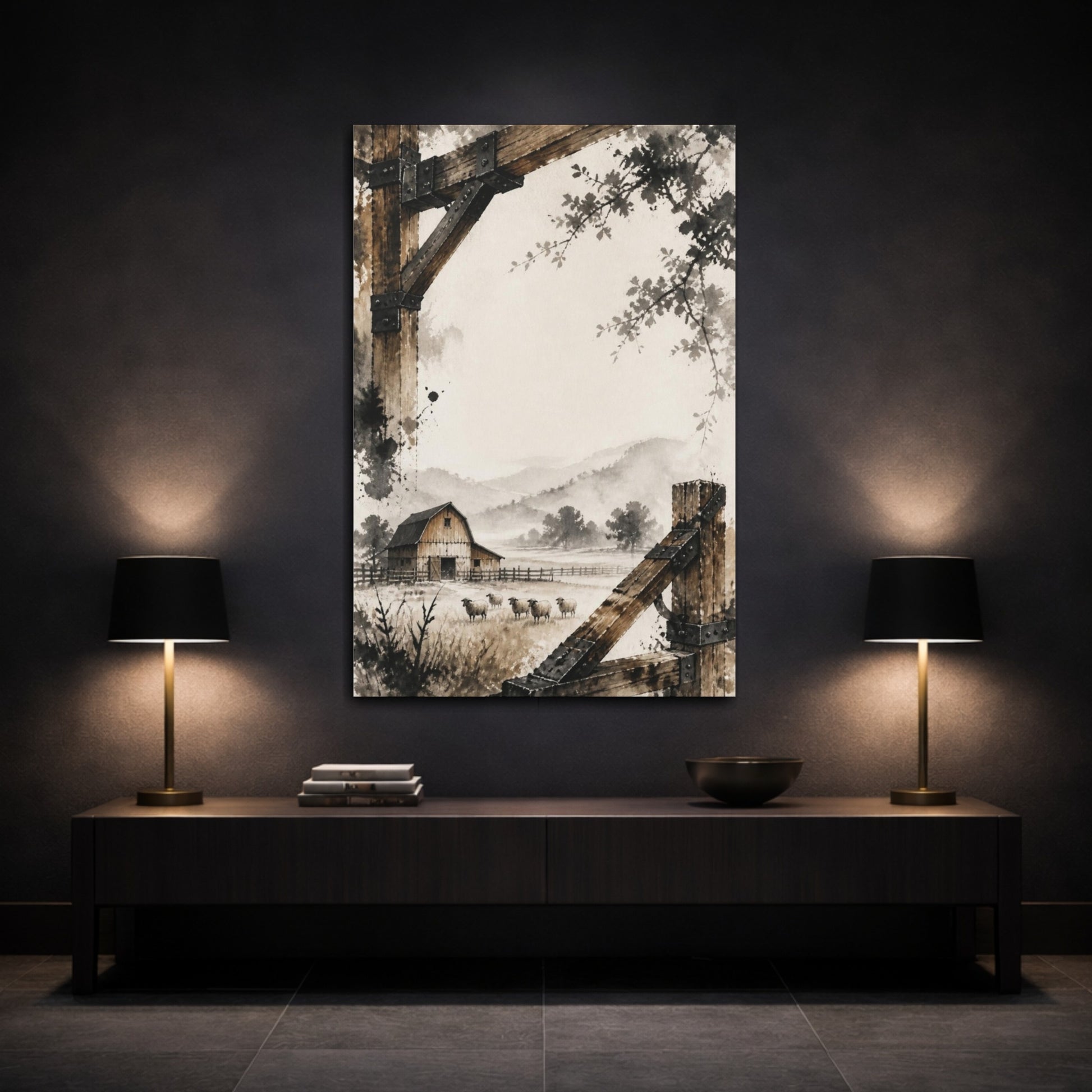 Mockup 3. Rustic Barn With Sheep shown as canvas print