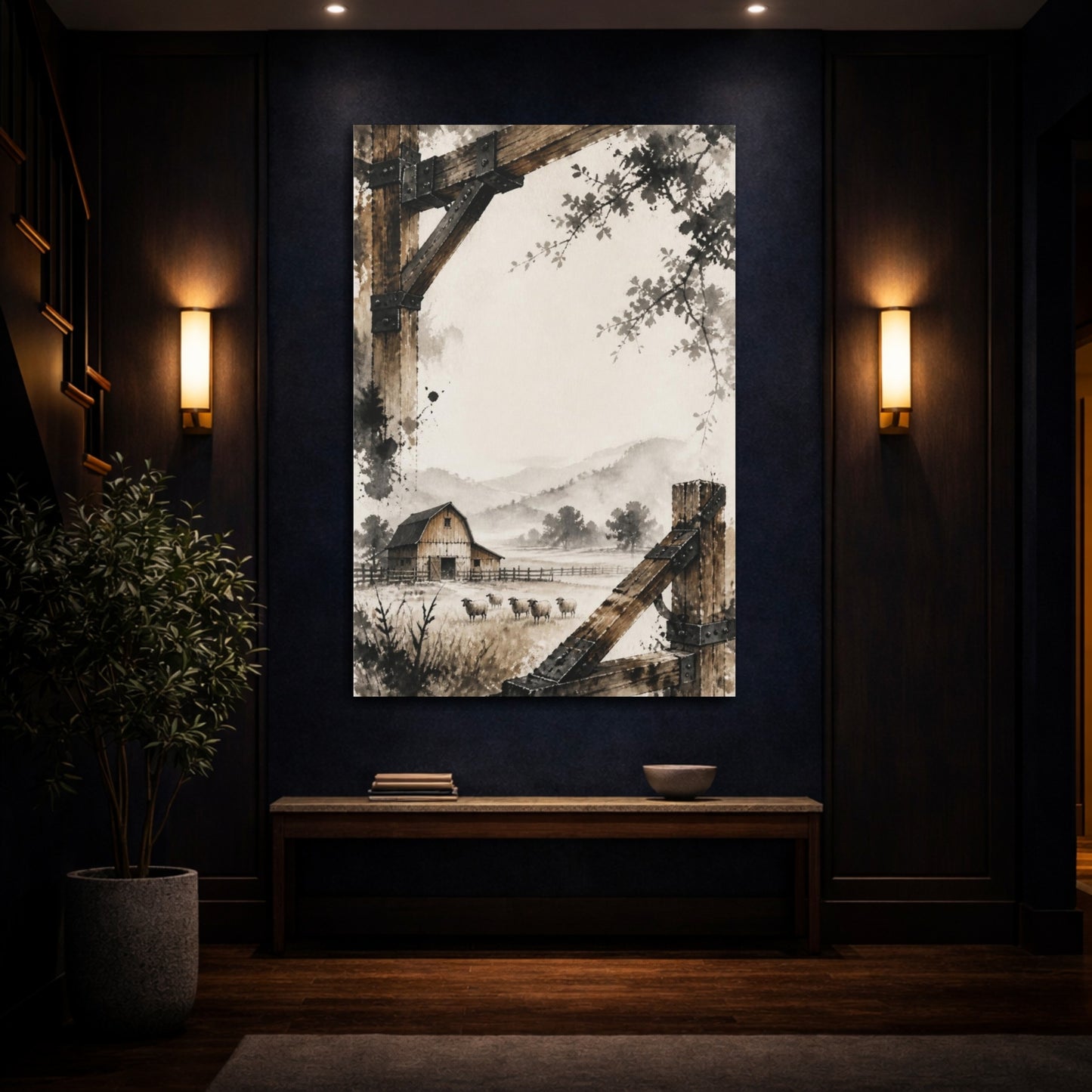 Mockup 4. Rustic Barn With Sheep shown as canvas print