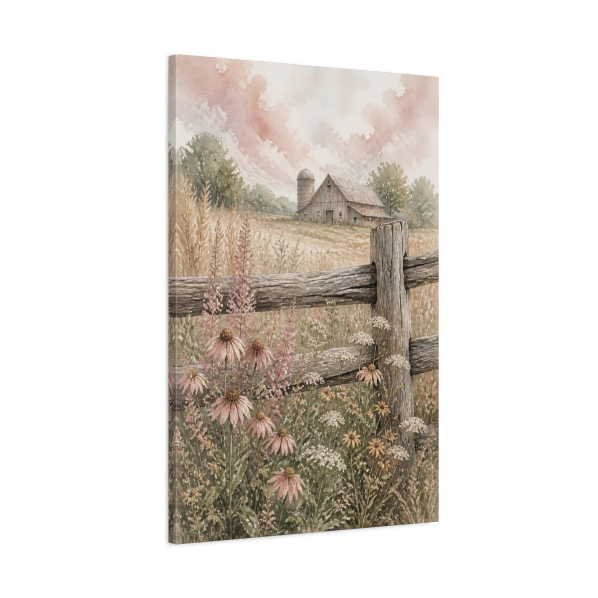 Main Mockup. Rustic Barn With Wildflowers shown as canvas print