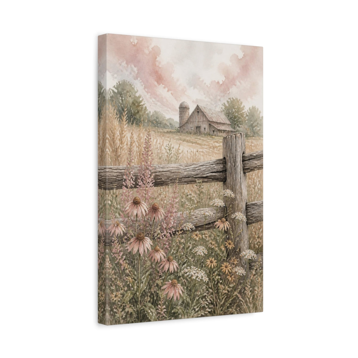 Side Mockup 4. Rustic Barn With Wildflowers shown as canvas print