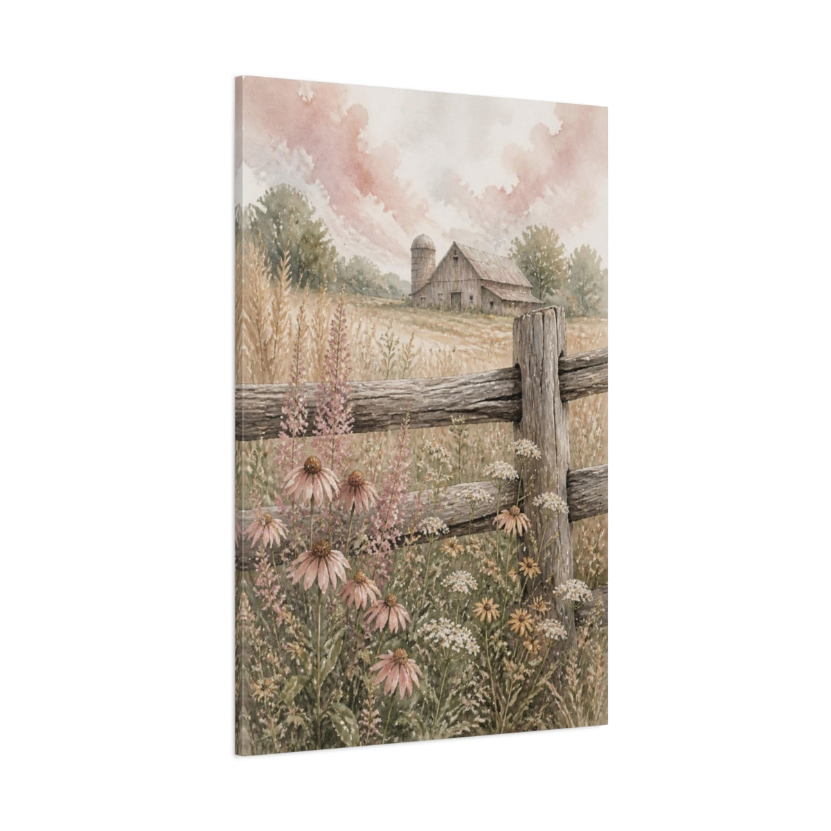 Side Mockup 1. Rustic Barn With Wildflowers shown as canvas print