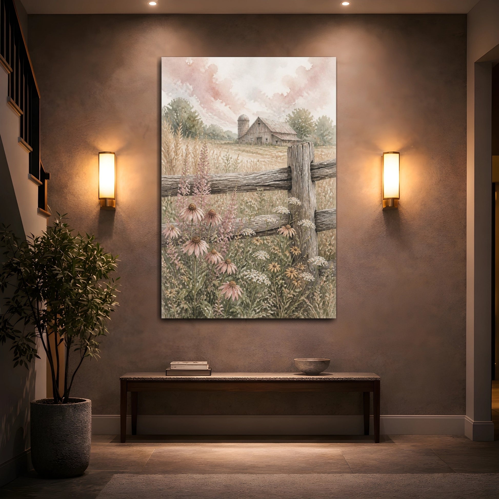 Mockup 2. Rustic Barn With Wildflowers shown as canvas print