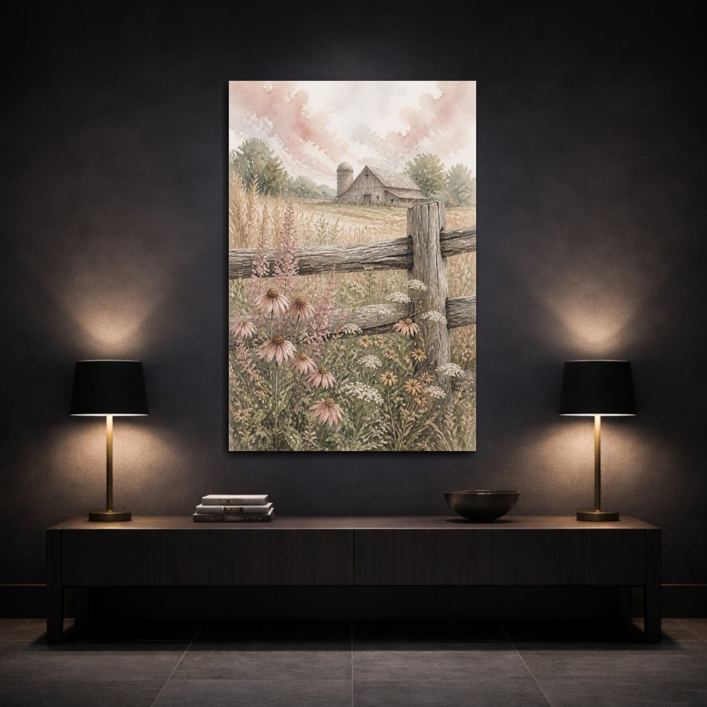 Mockup 3. Rustic Barn With Wildflowers shown as canvas print