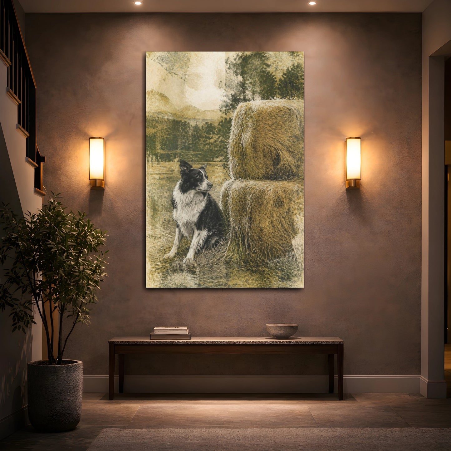 Mockup 2. Rustic Border Collie Haystack shown as canvas print