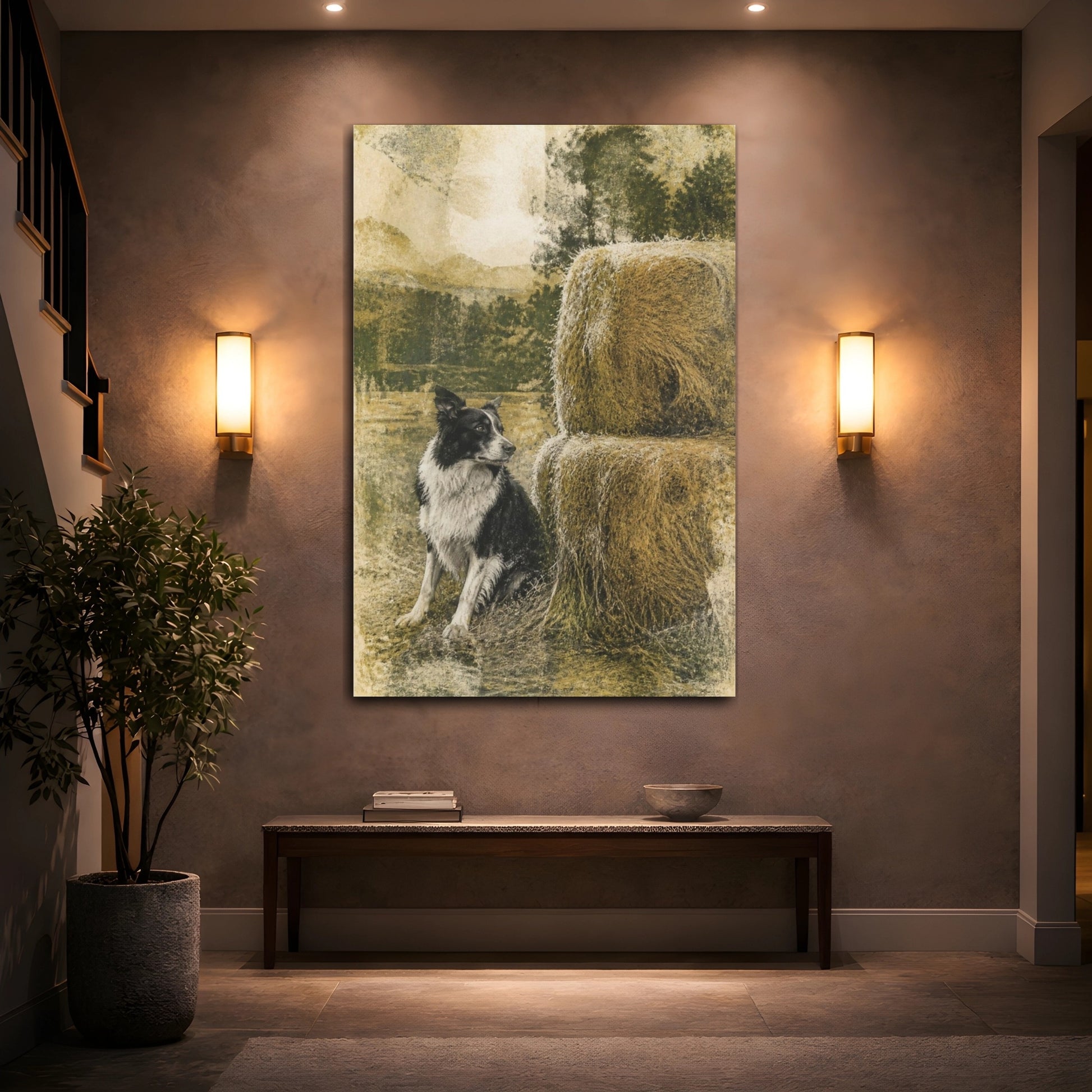 Mockup 2. Rustic Border Collie Haystack shown as canvas print