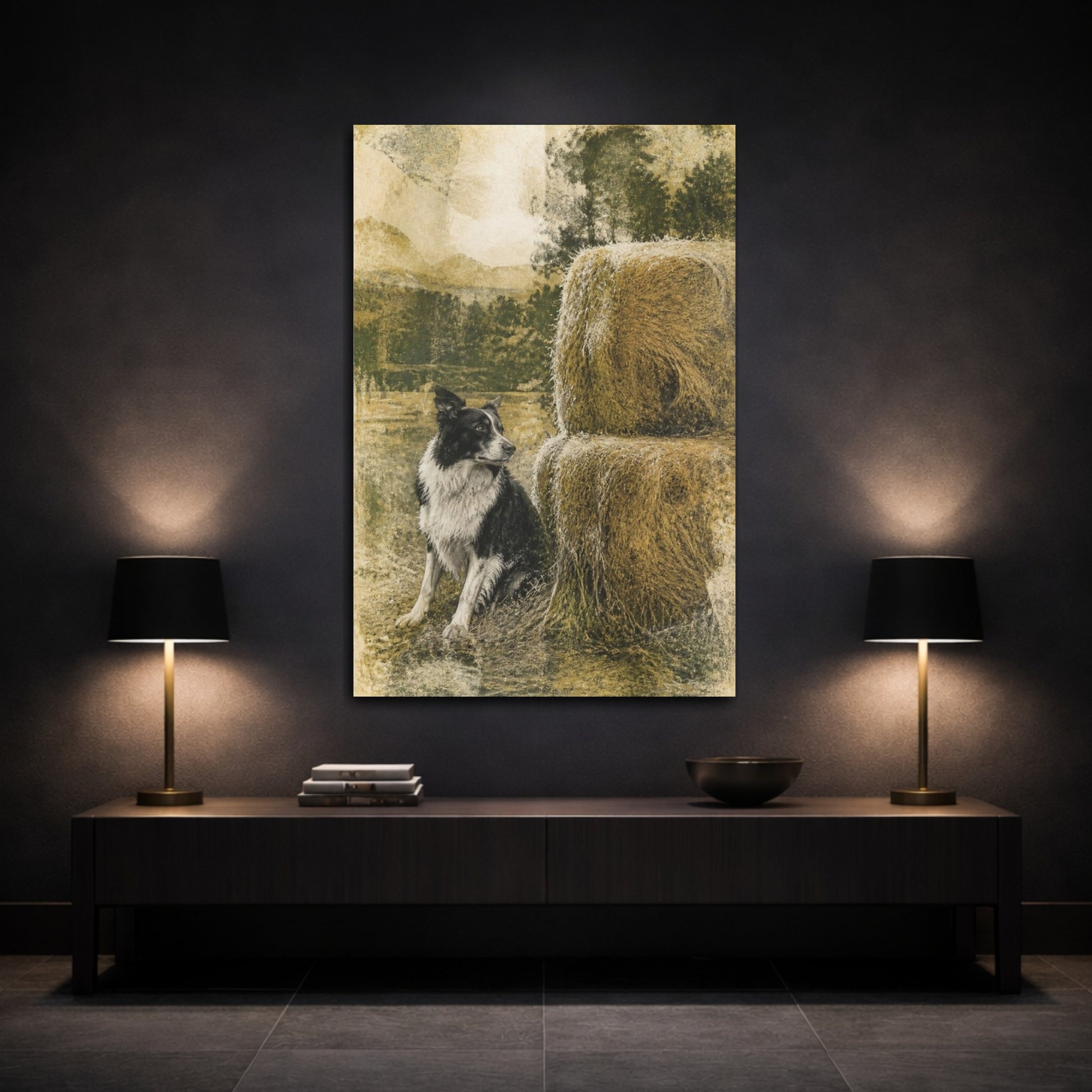 Mockup 3. Rustic Border Collie Haystack shown as canvas print