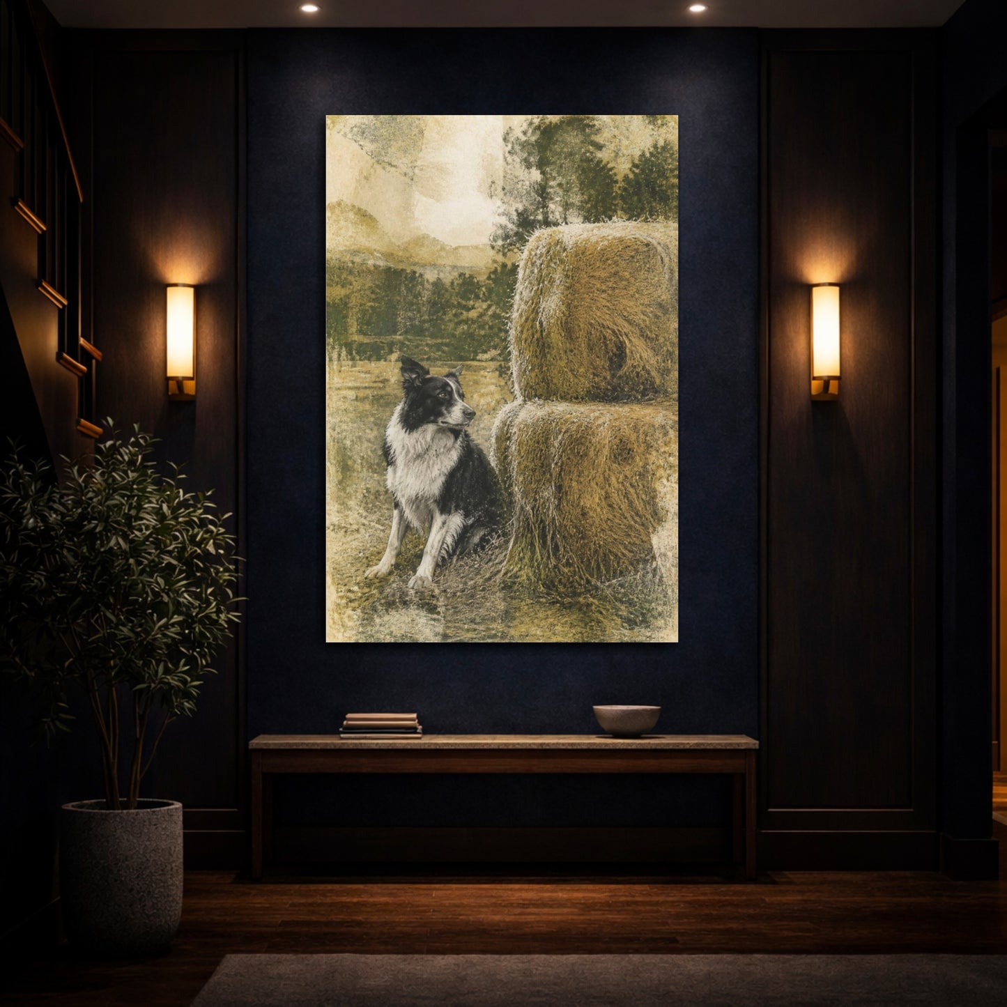 Mockup 4. Rustic Border Collie Haystack shown as canvas print