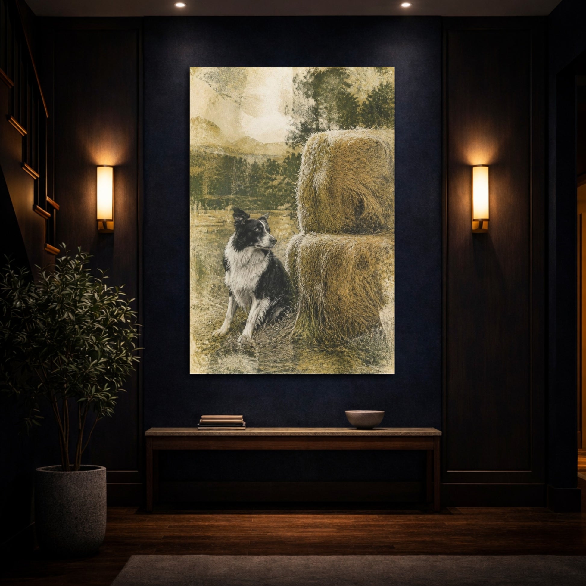 Mockup 4. Rustic Border Collie Haystack shown as canvas print