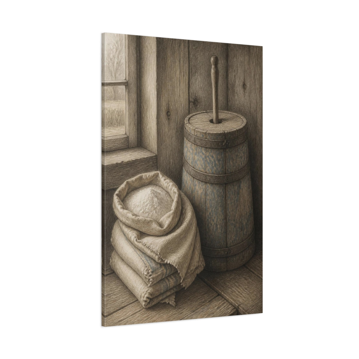 Side Mockup 1. Rustic Butter Churn shown as canvas print