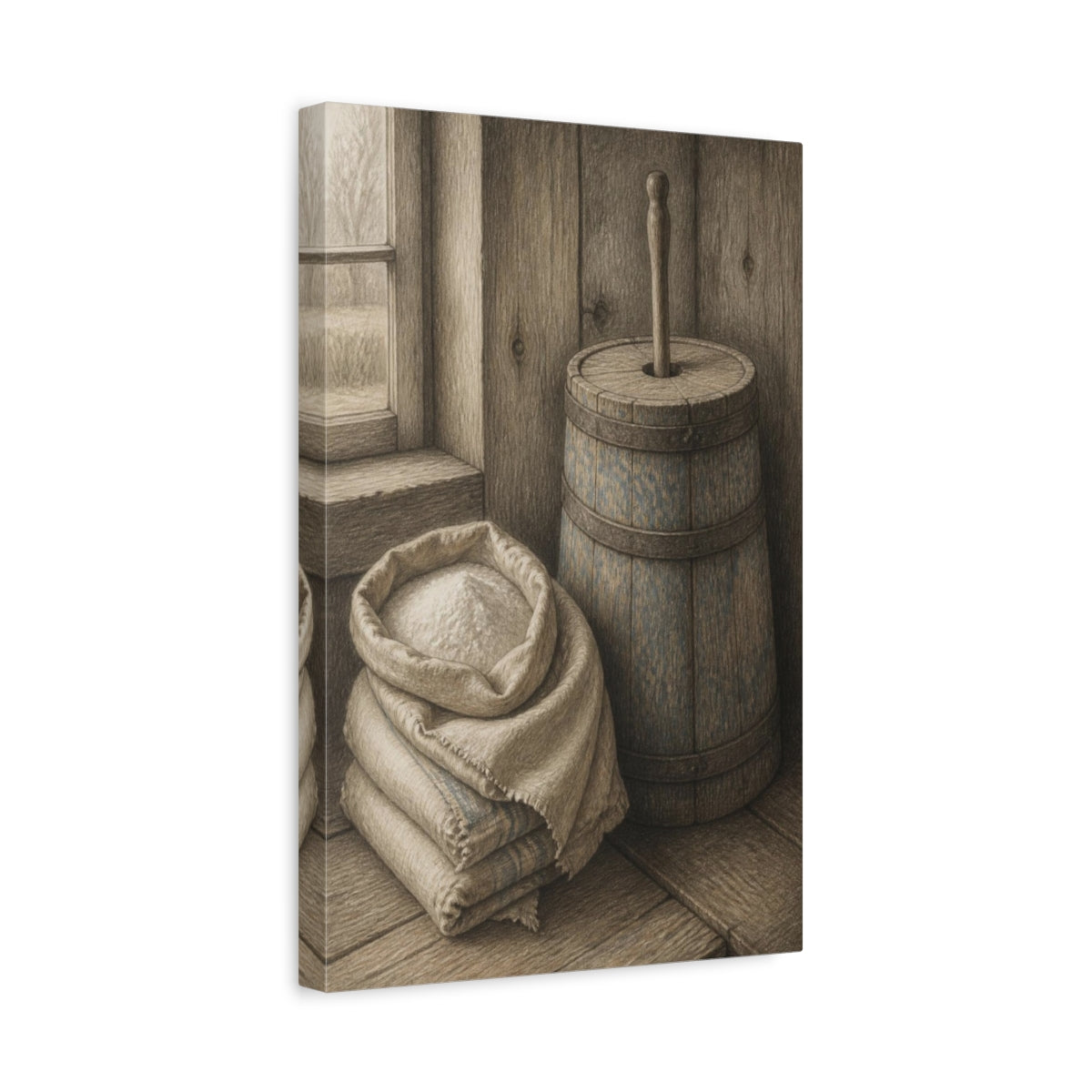 Side Mockup 4. Rustic Butter Churn shown as canvas print
