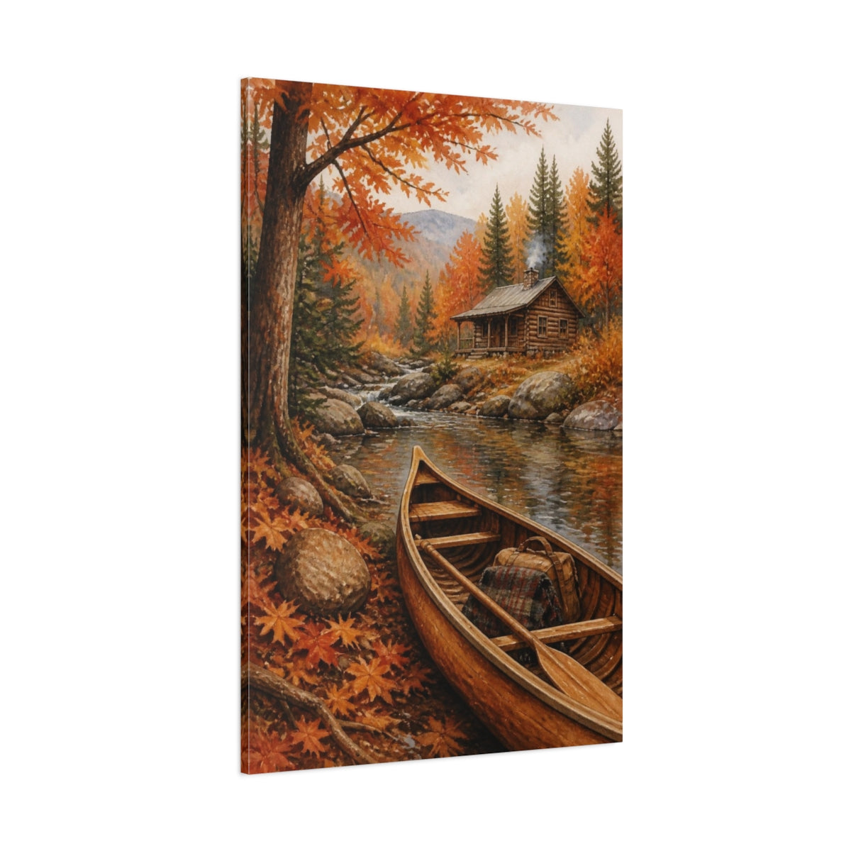Side Mockup 1. Rustic Canoe By Cabin shown as canvas print