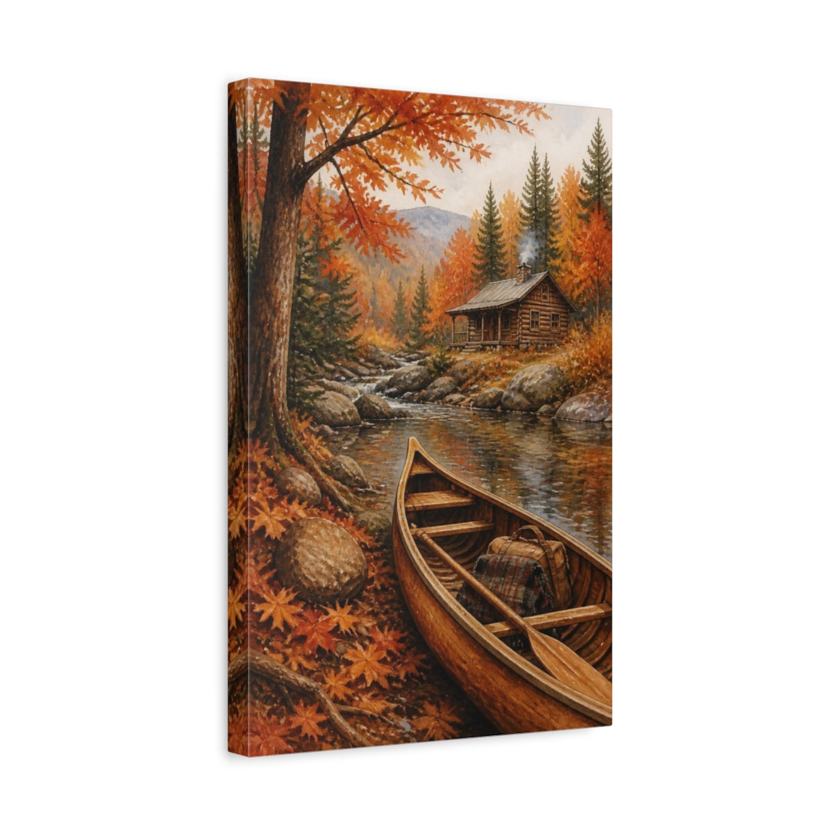 Side Mockup 4. Rustic Canoe By Cabin shown as canvas print