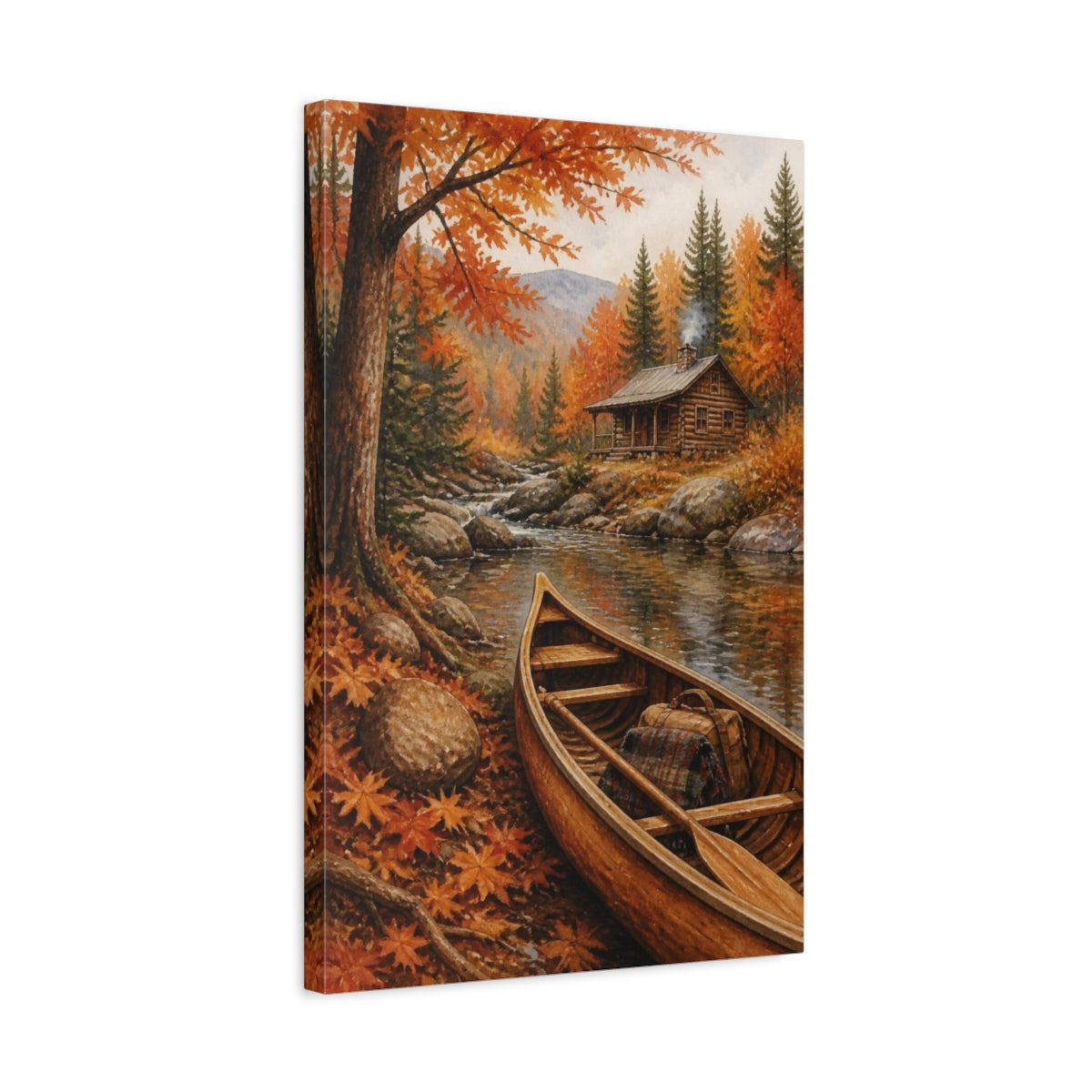 Side Mockup 3. Rustic Canoe By Cabin shown as canvas print