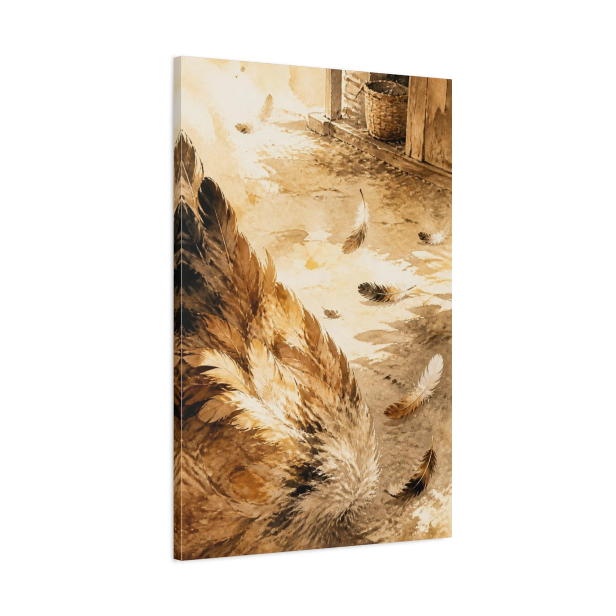 Main Mockup. Rustic Chicken Feathers shown as canvas print