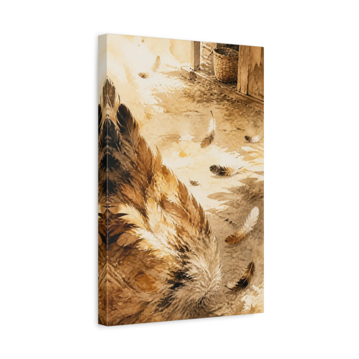 Side Mockup 4. Rustic Chicken Feathers shown as canvas print