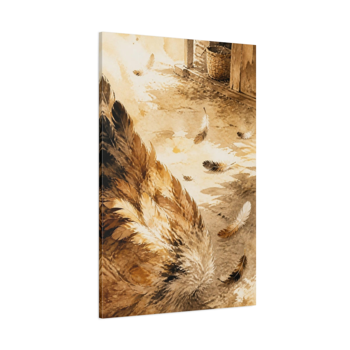 Side Mockup 1. Rustic Chicken Feathers shown as canvas print