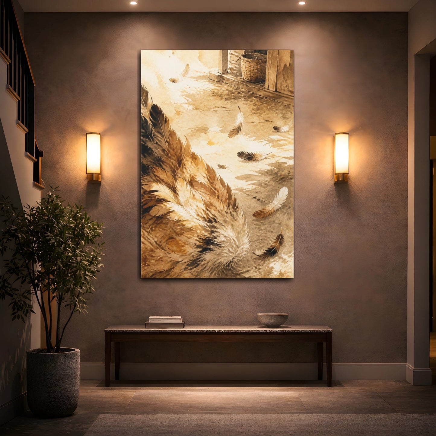 Mockup 2. Rustic Chicken Feathers shown as canvas print