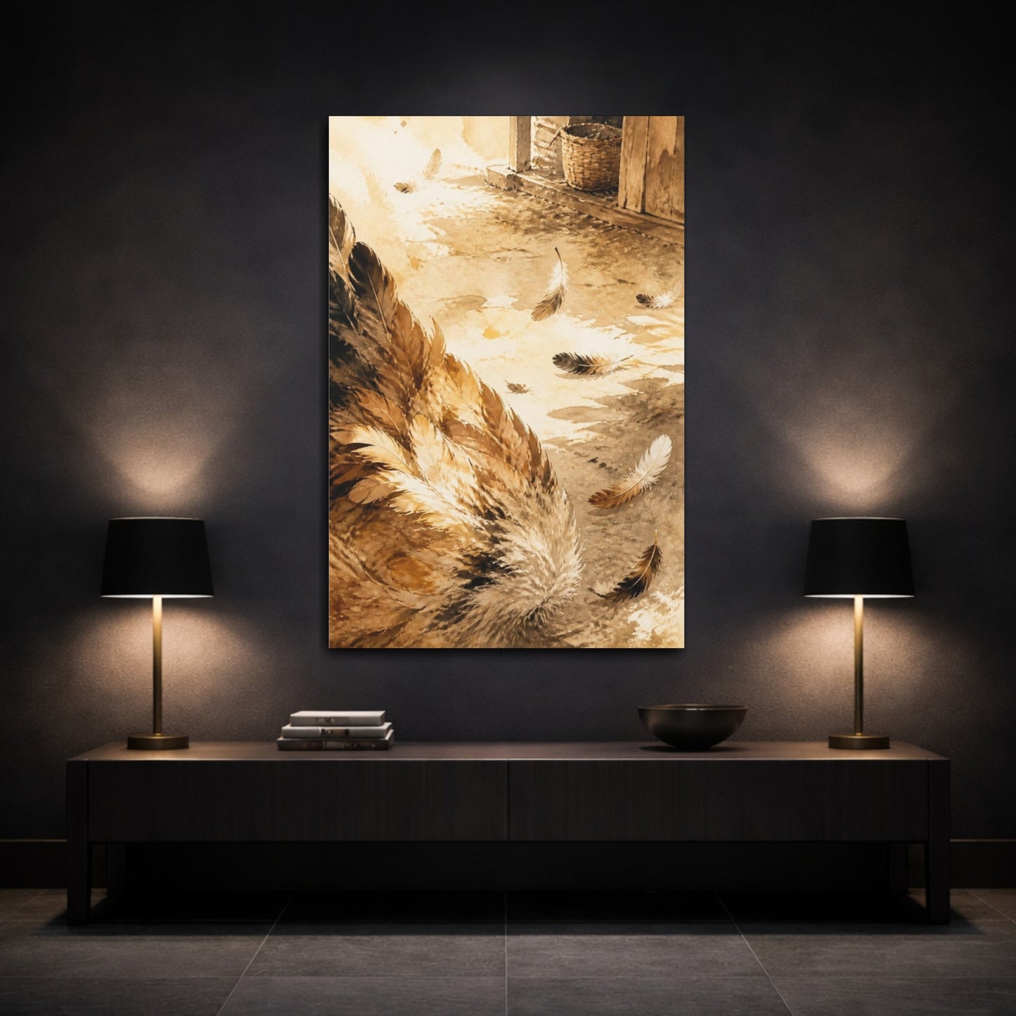 Mockup 3. Rustic Chicken Feathers shown as canvas print