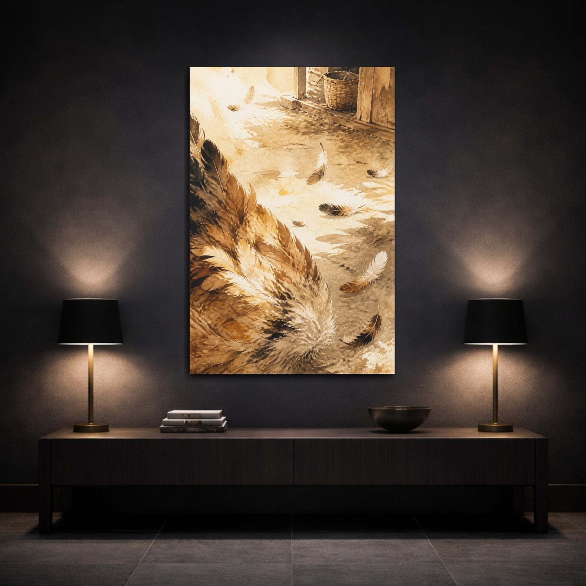 Mockup 3. Rustic Chicken Feathers shown as canvas print