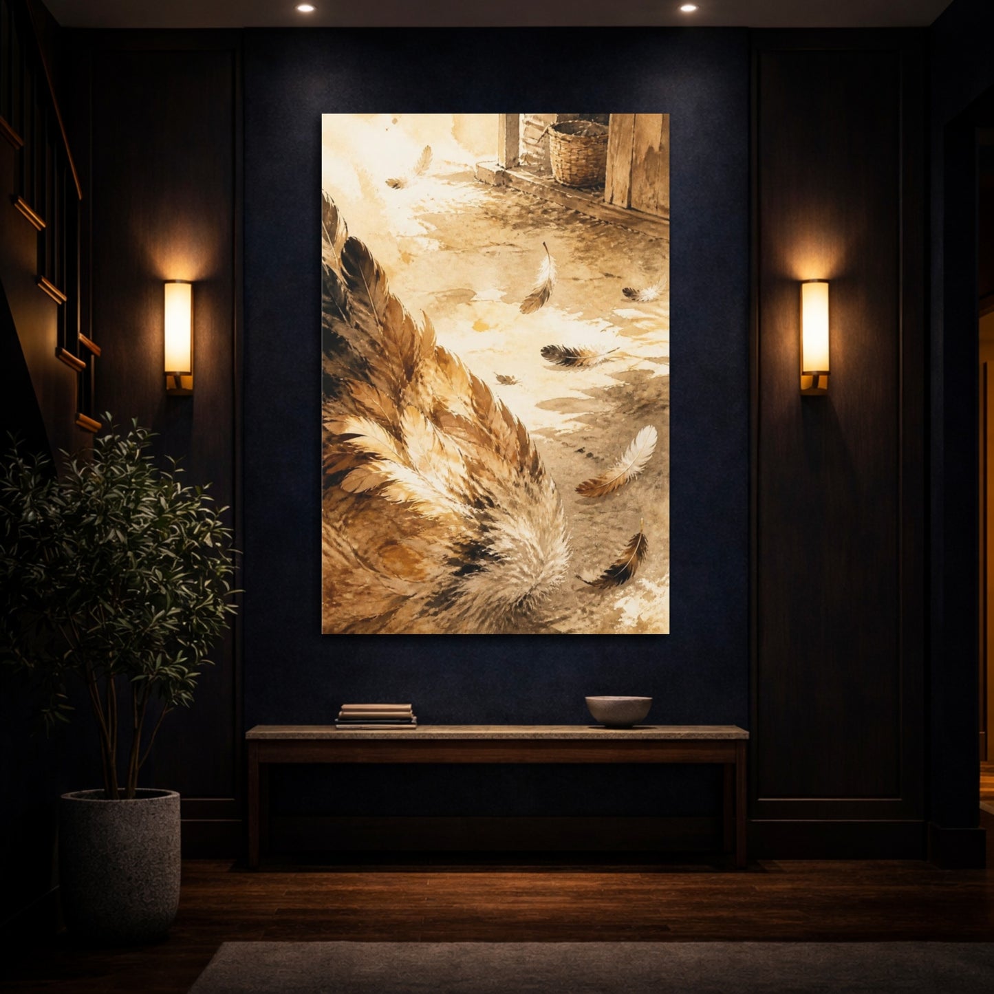 Mockup 4. Rustic Chicken Feathers shown as canvas print