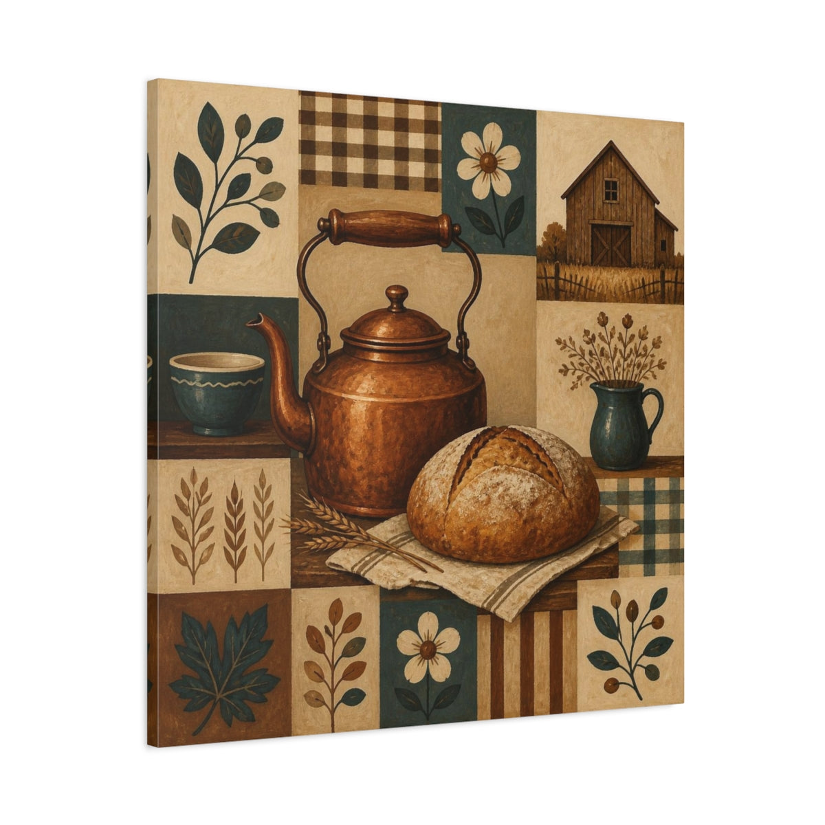 Main Mockup. Rustic Copper Kettle Still Life shown as canvas print