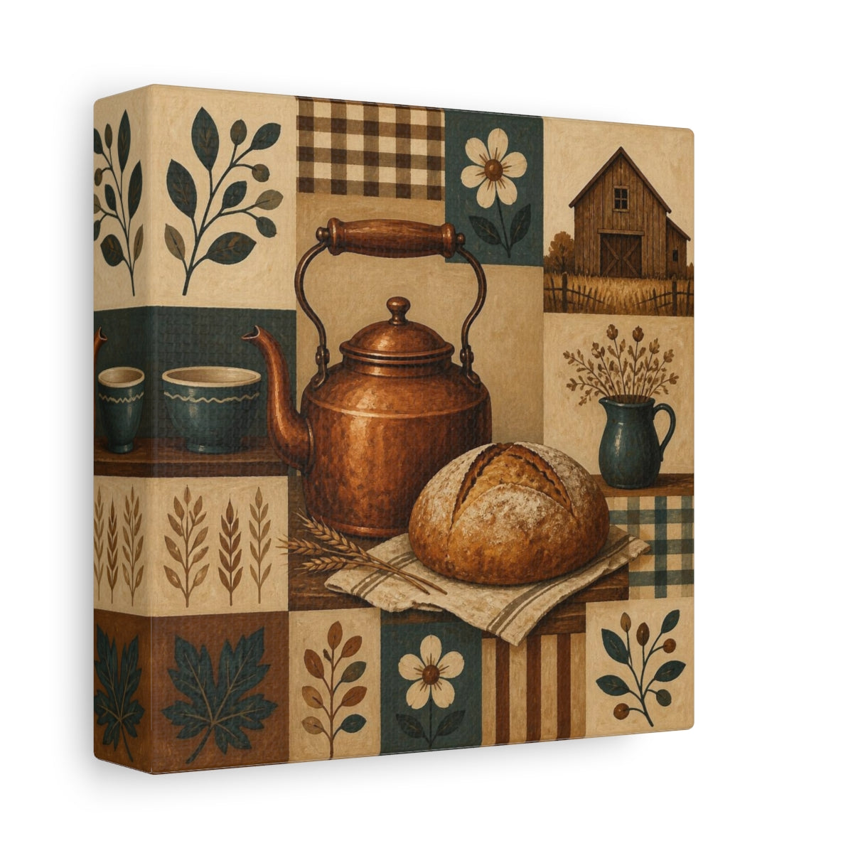 Side Mockup 2. Rustic Copper Kettle Still Life shown as canvas print