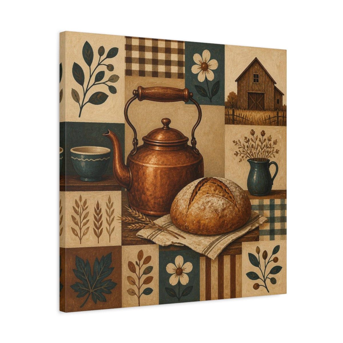 Side Mockup 4. Rustic Copper Kettle Still Life shown as canvas print