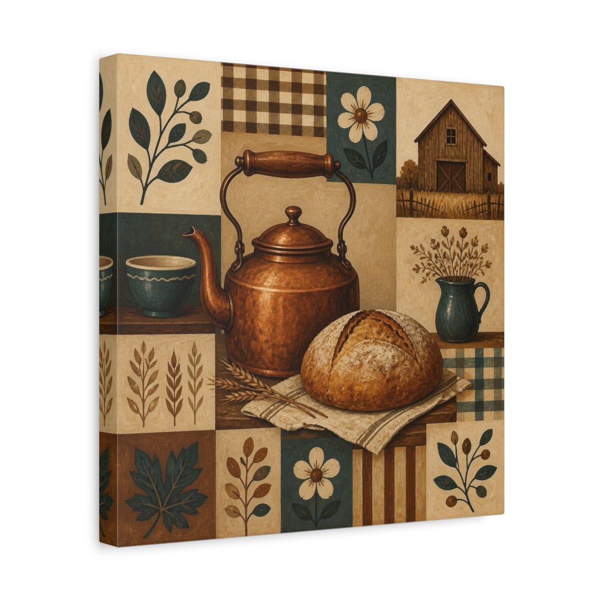 Side Mockup 7. Rustic Copper Kettle Still Life shown as canvas print