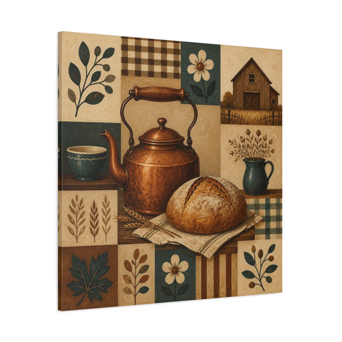 Side Mockup 1. Rustic Copper Kettle Still Life shown as canvas print