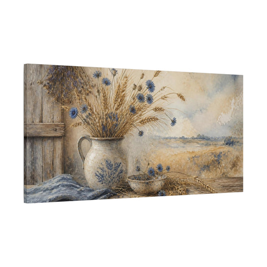Main Mockup. Rustic Cornflowers In Jug shown as canvas print