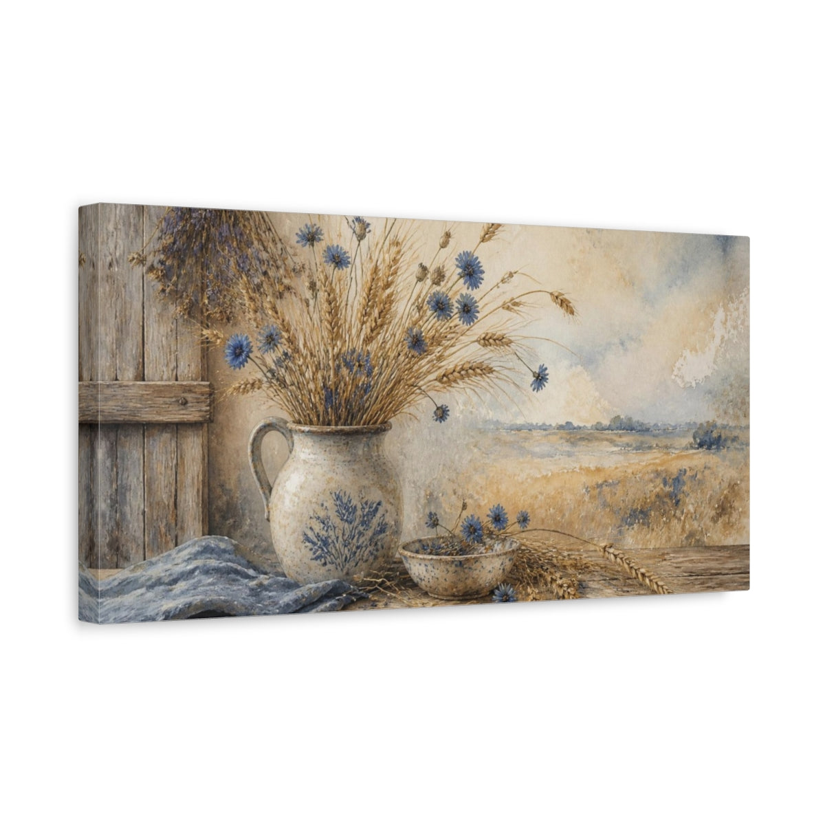 Side Mockup 3. Rustic Cornflowers In Jug shown as canvas print