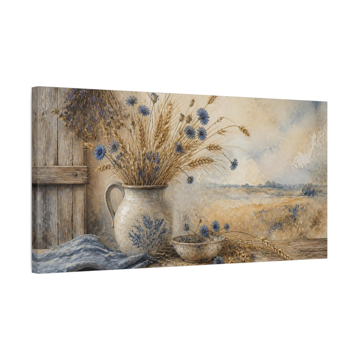 Side Mockup 1. Rustic Cornflowers In Jug shown as canvas print