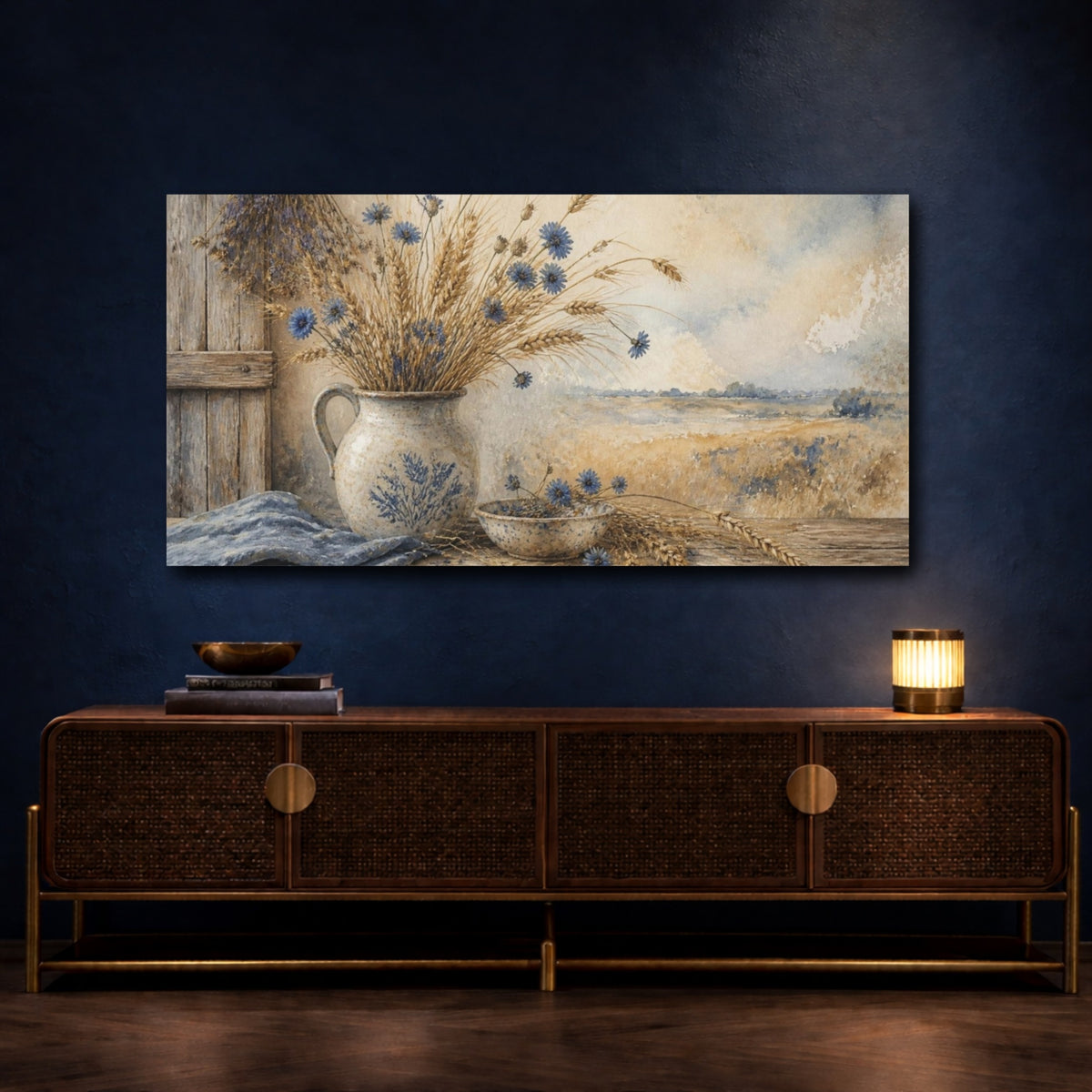 Mockup 4. Rustic Cornflowers In Jug shown as canvas print