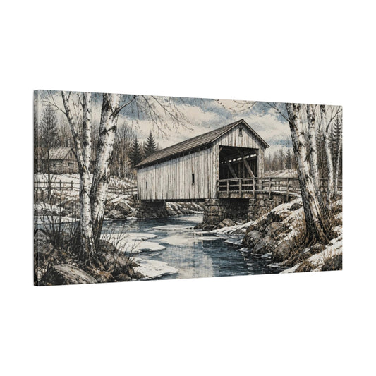 Main Mockup. Rustic Covered Bridge shown as canvas print