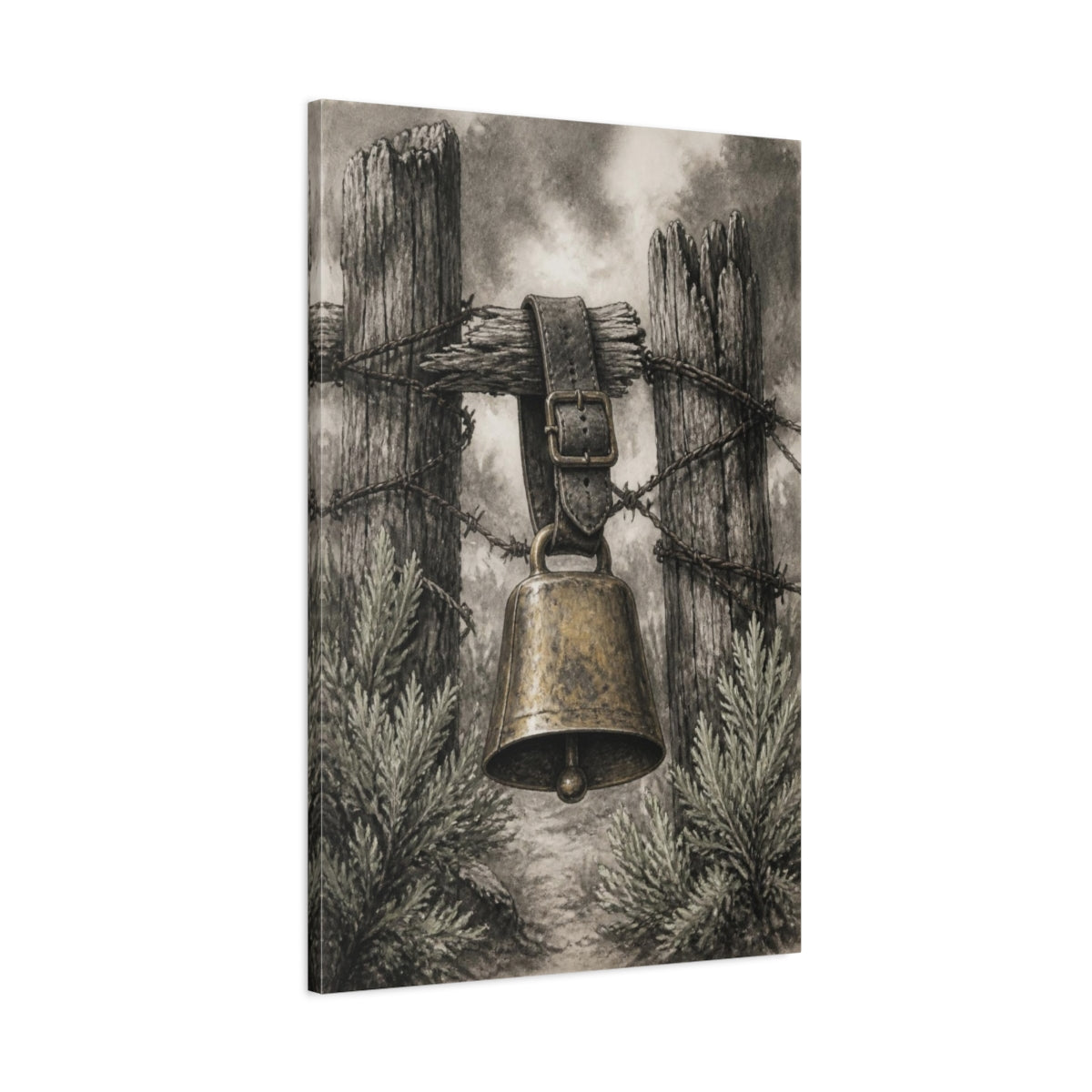Main Mockup. Rustic Cowbell On Fence shown as canvas print