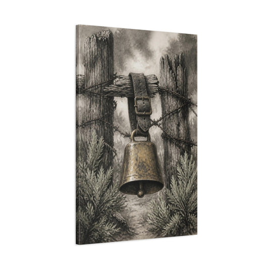 Main Mockup. Rustic Cowbell On Fence shown as canvas print