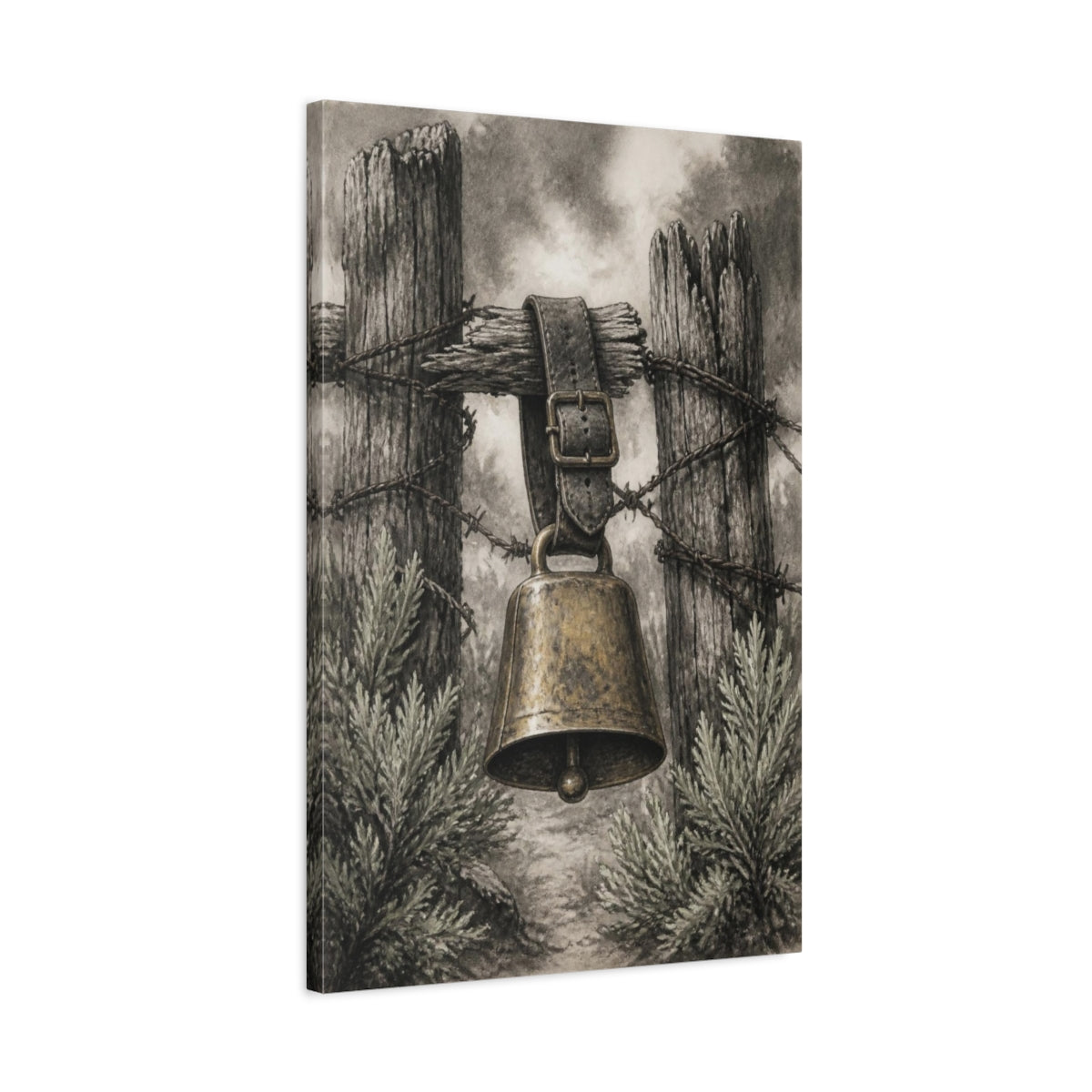 Side Mockup 2. Rustic Cowbell On Fence shown as canvas print