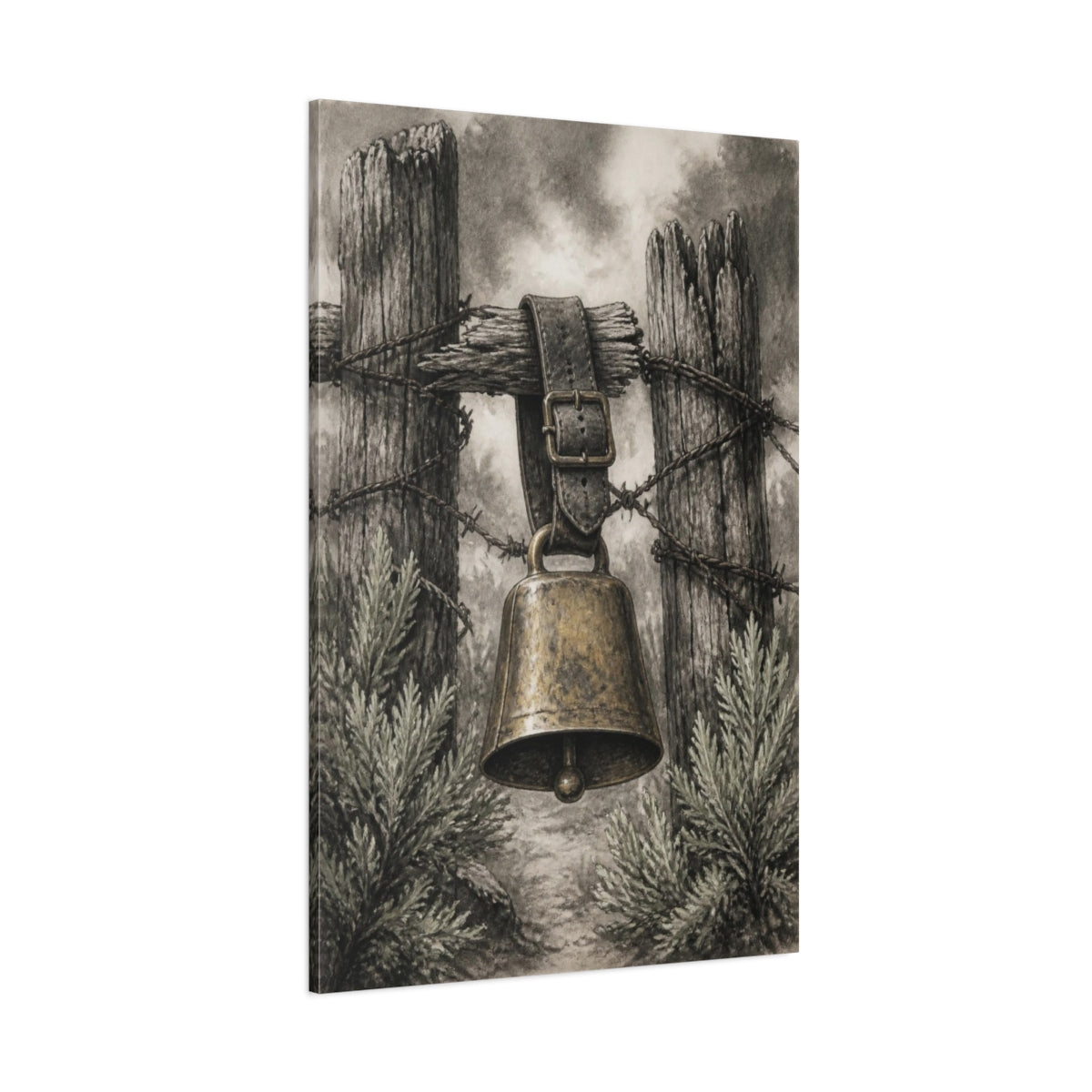 Side Mockup 1. Rustic Cowbell On Fence shown as canvas print